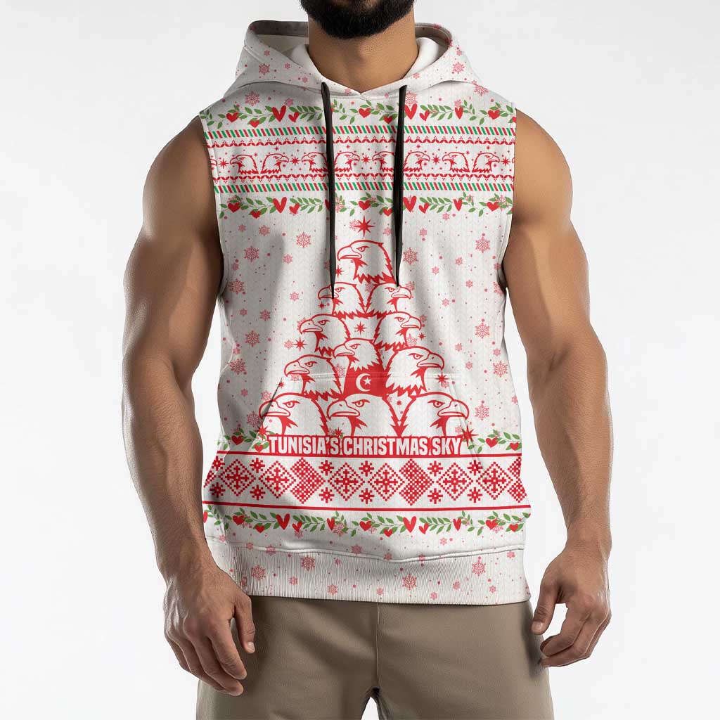 Tunisia Christmas Sleeveless Hoodie with Red Falcon Tree White Snowflake Pattern and Festive Borders - Wonder Print Shop
