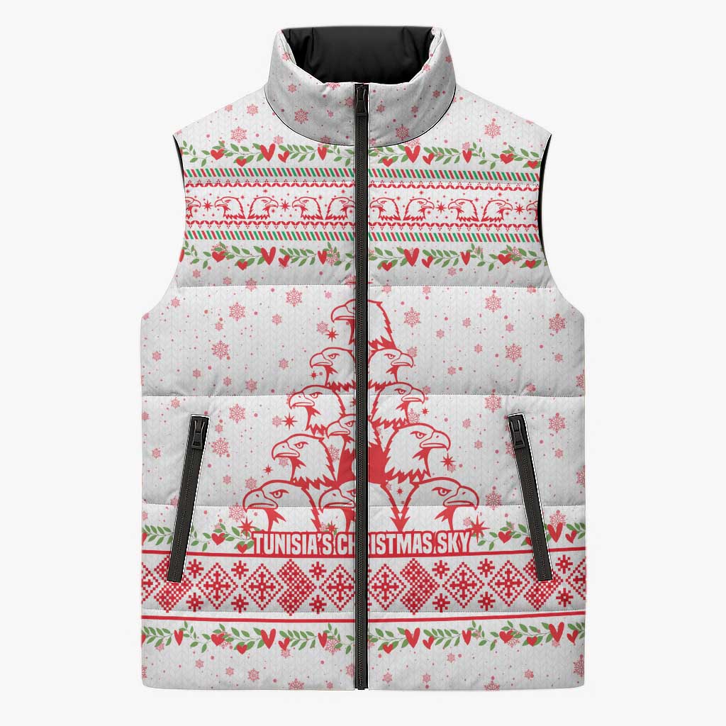 Tunisia Christmas Sleeveless Puffer Jacket with Red Falcon Tree White Snowflake Pattern and Festive Borders - Wonder Print Shop