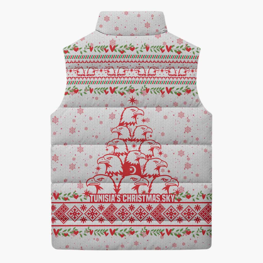 Tunisia Christmas Sleeveless Puffer Jacket with Red Falcon Tree White Snowflake Pattern and Festive Borders - Wonder Print Shop