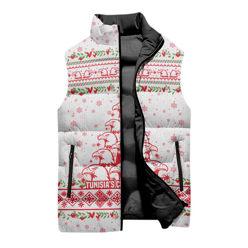 Tunisia Christmas Sleeveless Puffer Jacket with Red Falcon Tree White Snowflake Pattern and Festive Borders - Wonder Print Shop