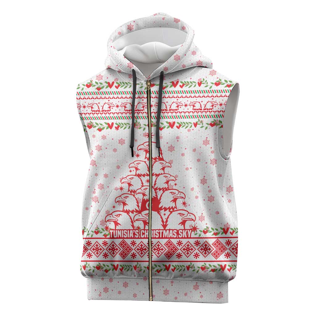 Tunisia Christmas Sleeveless Zip Hoodie with Red Falcon Tree White Snowflake Pattern and Festive Borders - Wonder Print Shop