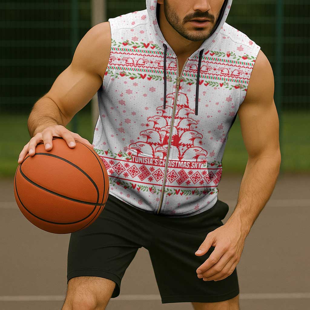 Tunisia Christmas Sleeveless Zip Hoodie with Red Falcon Tree White Snowflake Pattern and Festive Borders - Wonder Print Shop