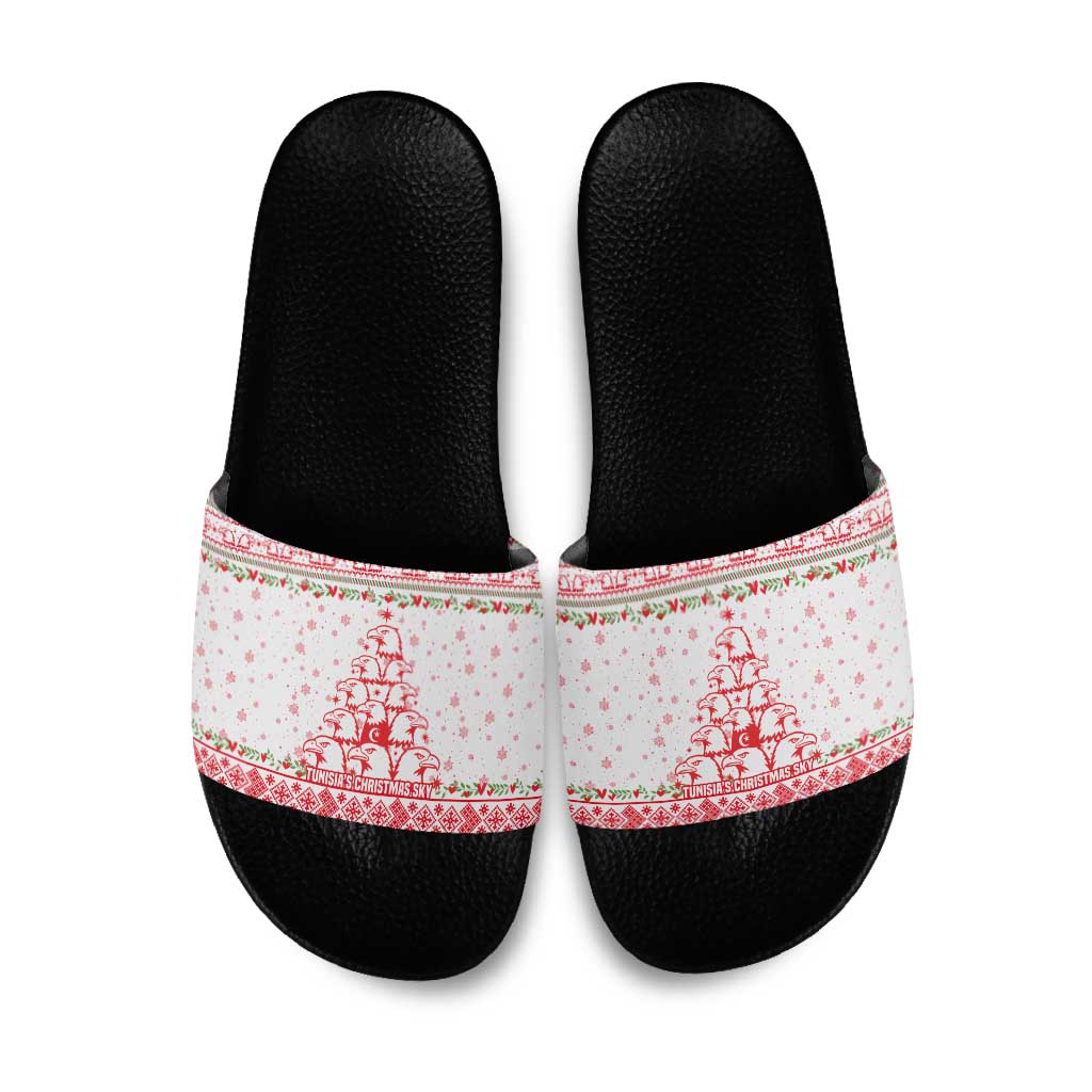 Tunisia Christmas Slide Sandals with Red Falcon Tree White Snowflake Pattern and Festive Borders - Wonder Print Shop