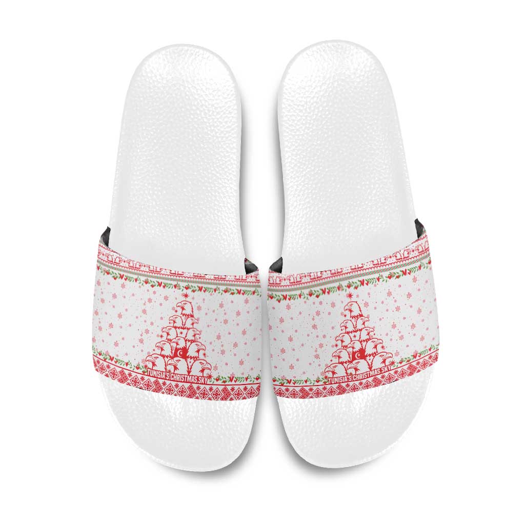 Tunisia Christmas Slide Sandals with Red Falcon Tree White Snowflake Pattern and Festive Borders - Wonder Print Shop