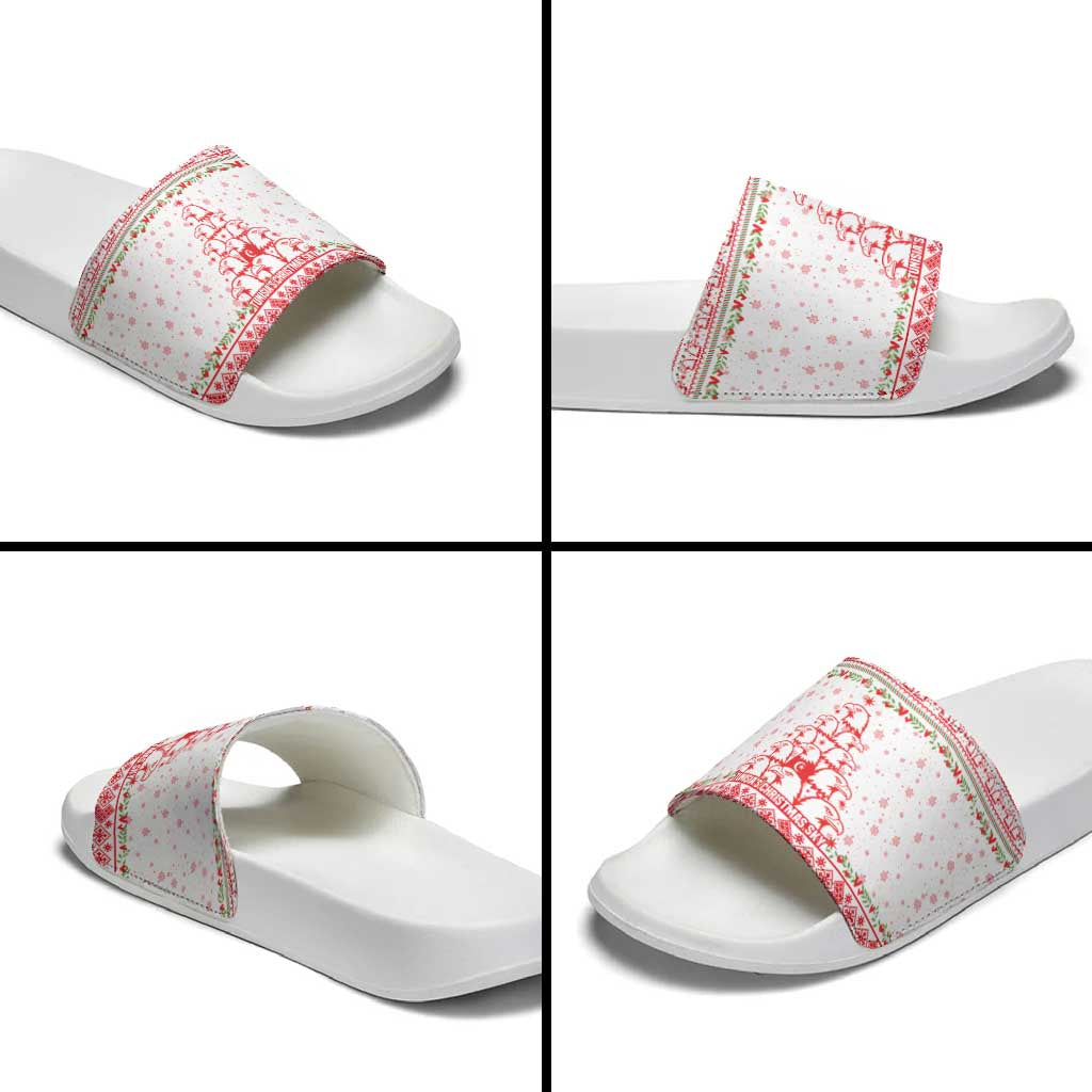 Tunisia Christmas Slide Sandals with Red Falcon Tree White Snowflake Pattern and Festive Borders - Wonder Print Shop