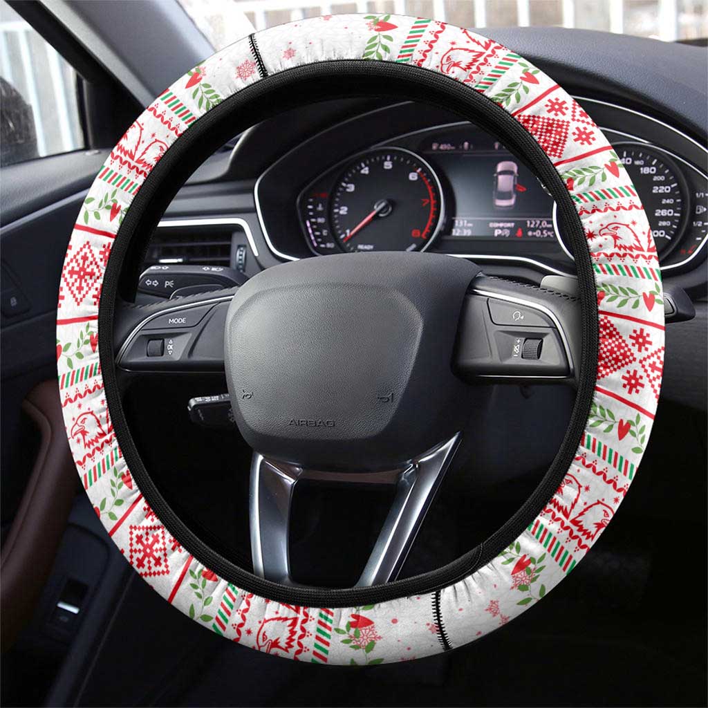 Tunisia Christmas Steering Wheel Cover with Red Falcon Tree White Snowflake Pattern and Festive Borders - Wonder Print Shop