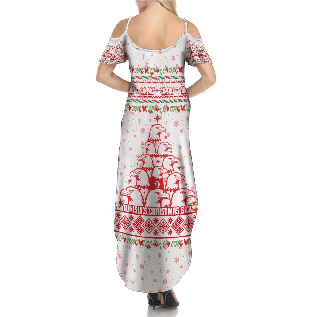 Tunisia Christmas Summer Maxi Dress with Red Falcon Tree White Snowflake Pattern and Festive Borders - Wonder Print Shop