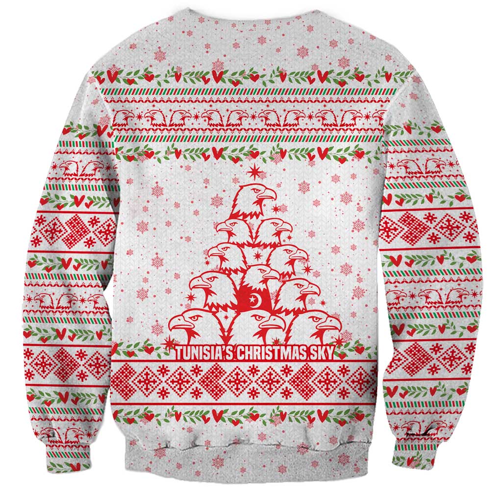 Tunisia Christmas Sweatshirt with Red Falcon Tree White Snowflake Pattern and Festive Borders - Wonder Print Shop