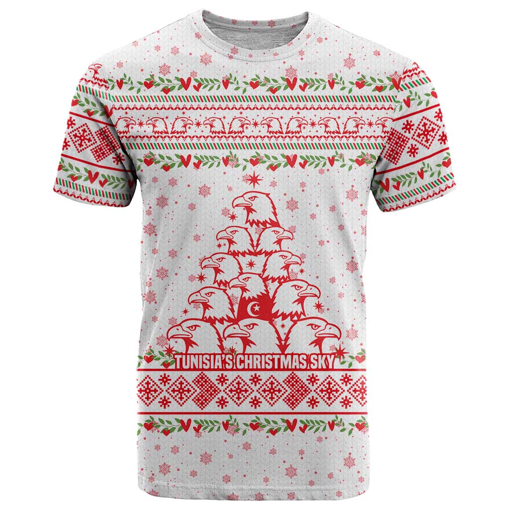 Tunisia Christmas T Shirt with Red Falcon Tree White Snowflake Pattern and Festive Borders - Wonder Print Shop