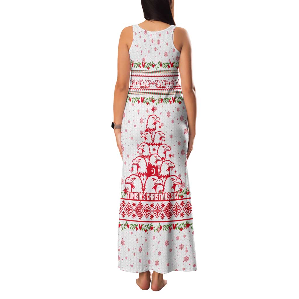 Tunisia Christmas Tank Maxi Dress with Red Falcon Tree White Snowflake Pattern and Festive Borders - Wonder Print Shop