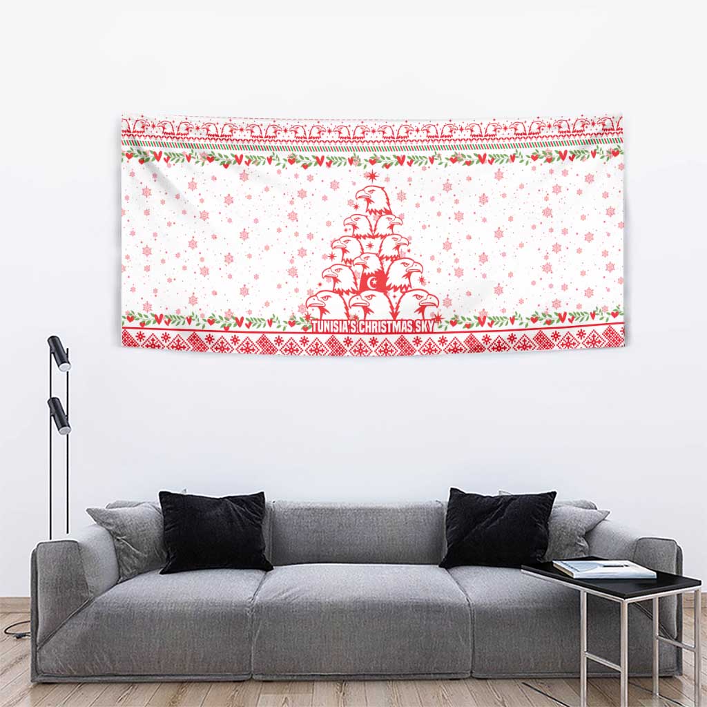 Tunisia Christmas Tapestry with Red Falcon Tree White Snowflake Pattern and Festive Borders - Wonder Print Shop