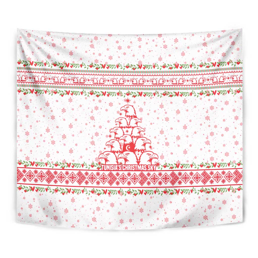 Tunisia Christmas Tapestry with Red Falcon Tree White Snowflake Pattern and Festive Borders - Wonder Print Shop