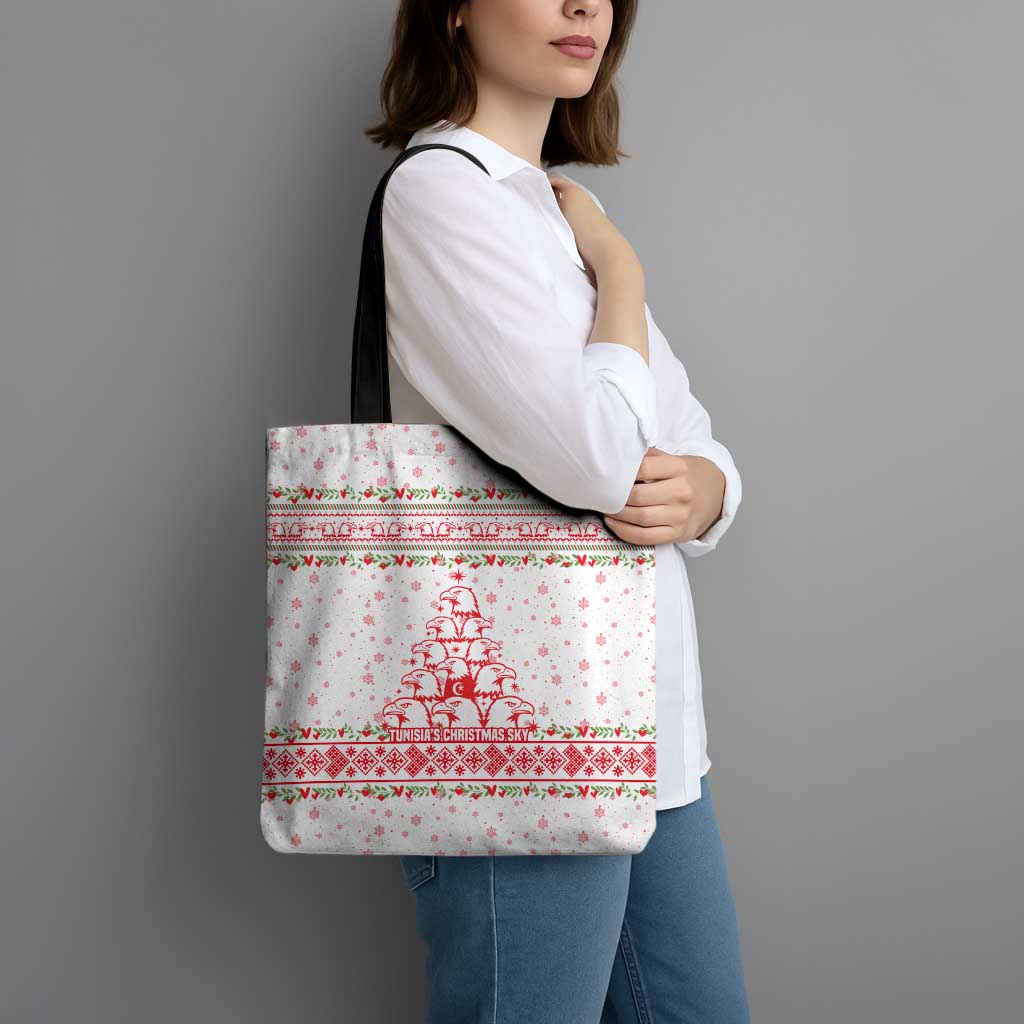 Tunisia Christmas Tote Bag with Red Falcon Tree White Snowflake Pattern and Festive Borders - Wonder Print Shop