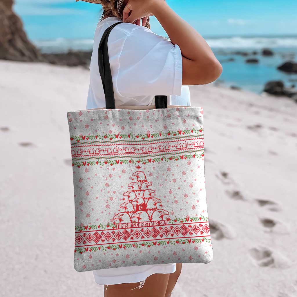 Tunisia Christmas Tote Bag with Red Falcon Tree White Snowflake Pattern and Festive Borders - Wonder Print Shop