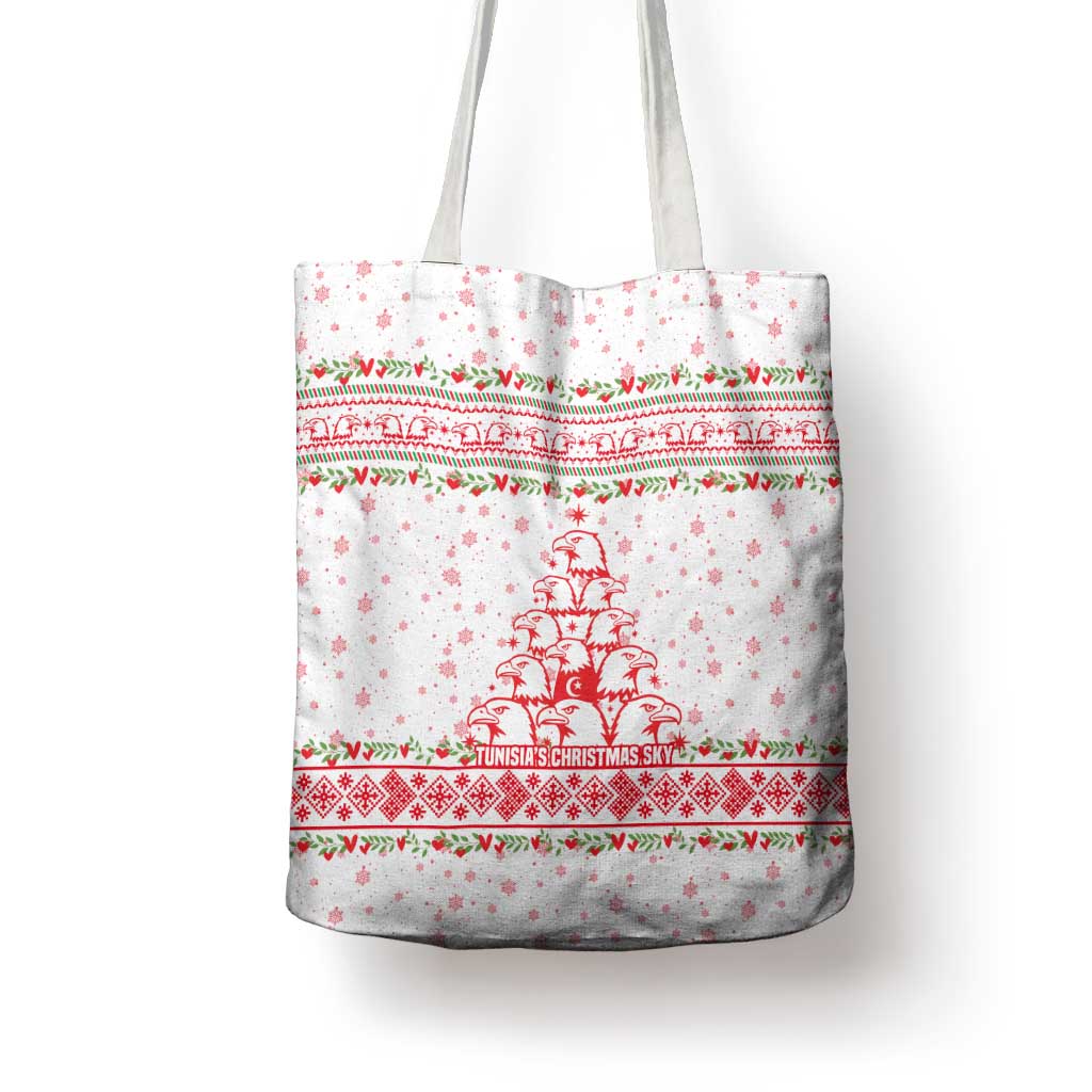 Tunisia Christmas Tote Bag with Red Falcon Tree White Snowflake Pattern and Festive Borders - Wonder Print Shop