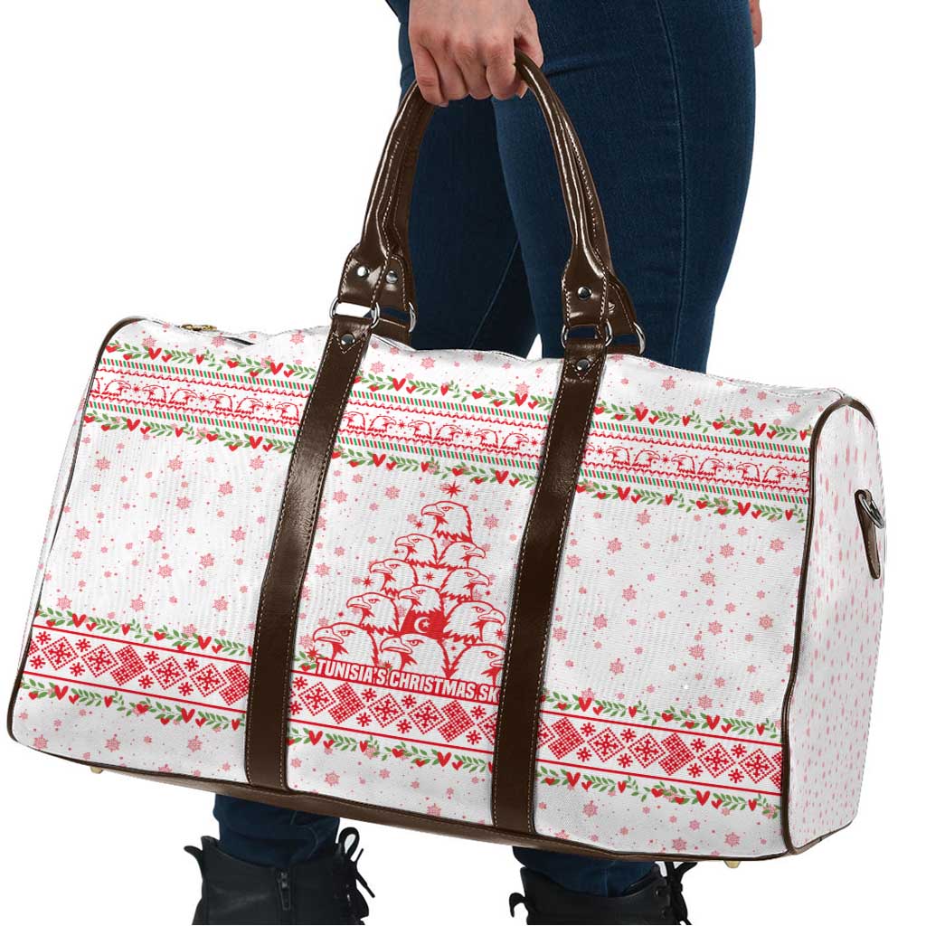 Tunisia Christmas Travel Bag with Red Falcon Tree White Snowflake Pattern and Festive Borders - Wonder Print Shop
