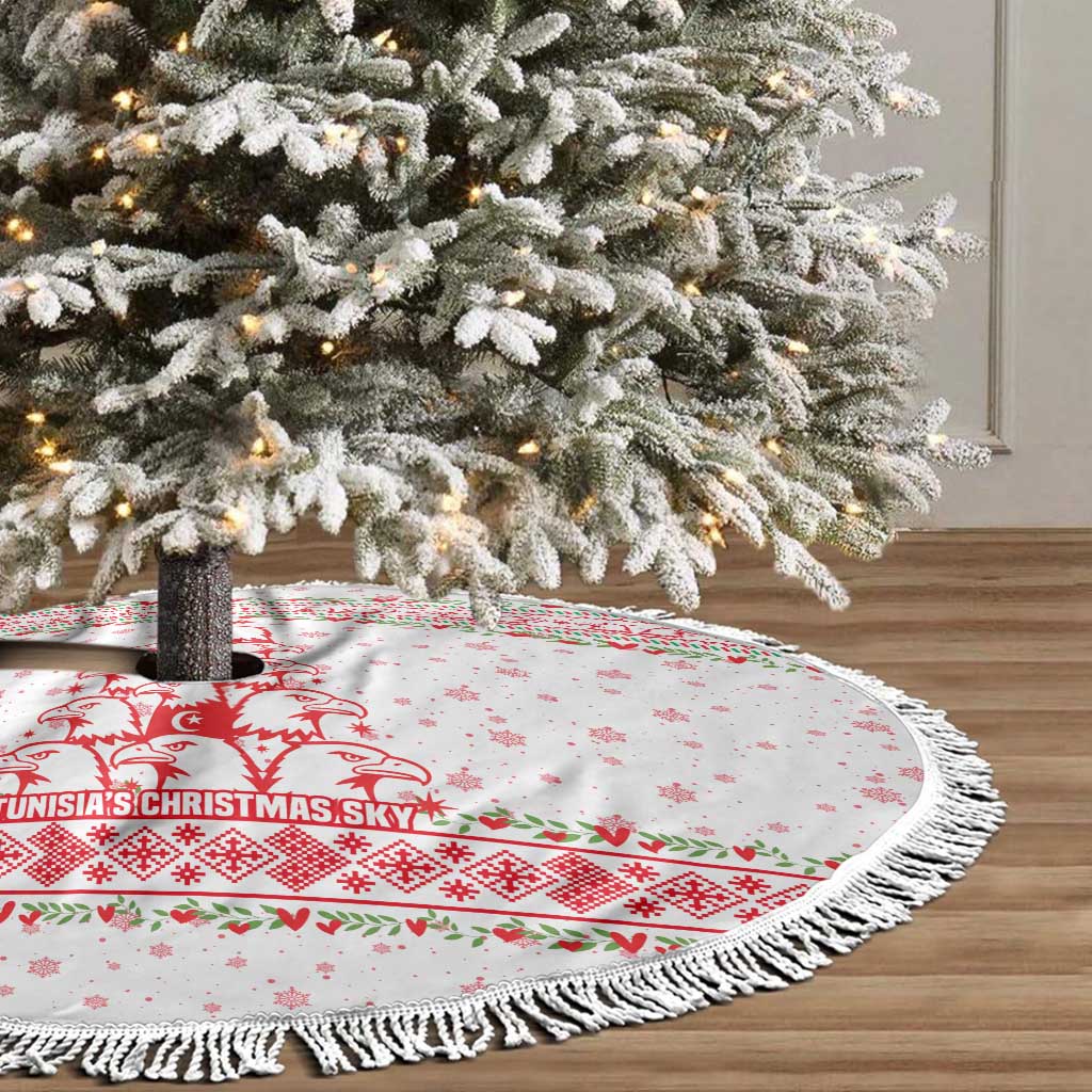 Tunisia Christmas Tree Skirt with Red Falcon Tree White Snowflake Pattern and Festive Borders - Wonder Print Shop