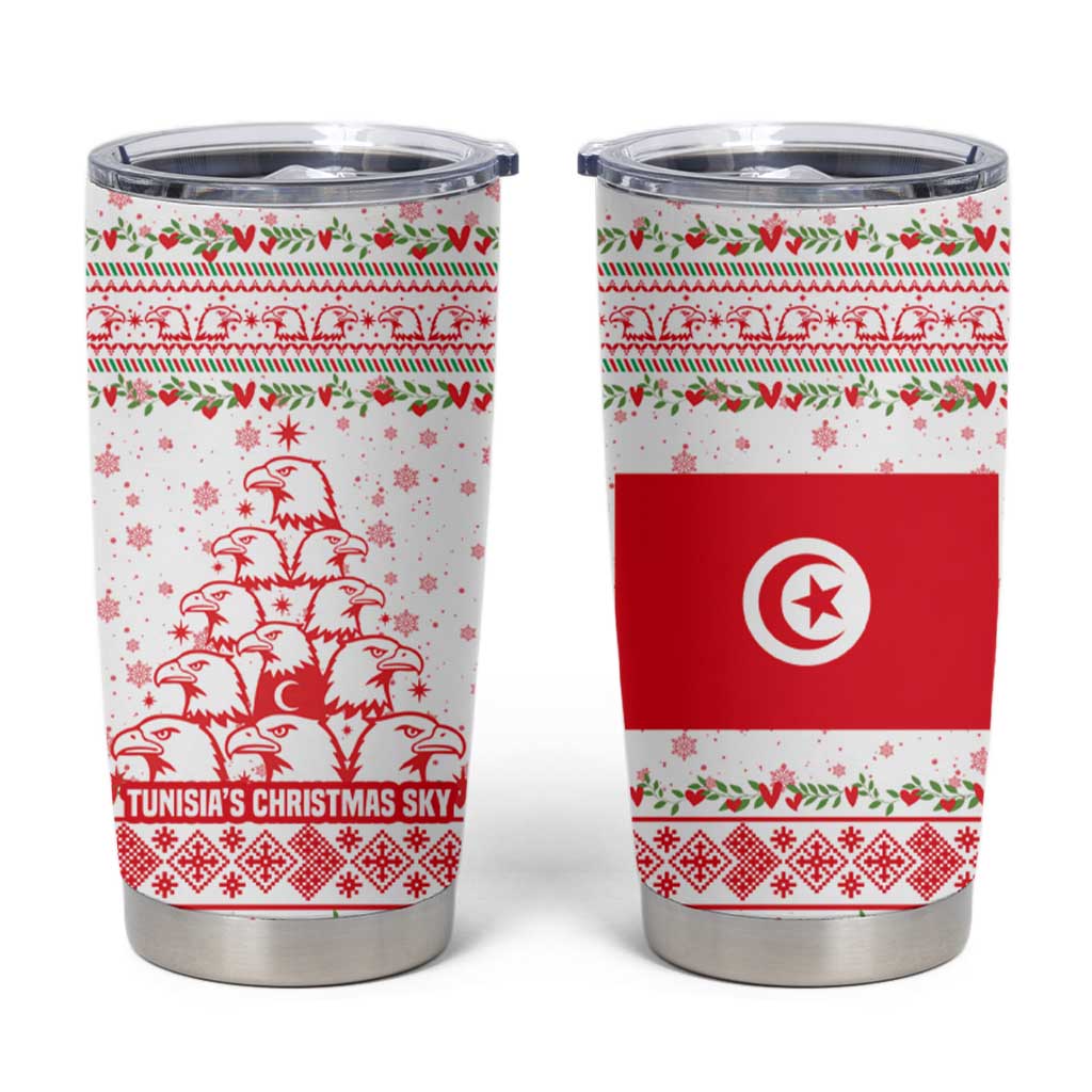 Tunisia Christmas Tumbler Cup with Red Falcon Tree White Snowflake Pattern and Festive Borders - Wonder Print Shop