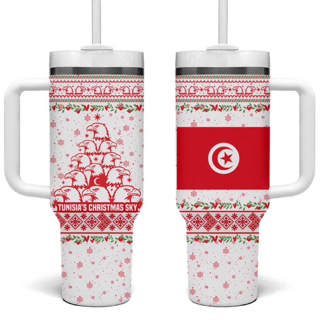 Tunisia Christmas Tumbler With Handle with Red Falcon Tree White Snowflake Pattern and Festive Borders - Wonder Print Shop