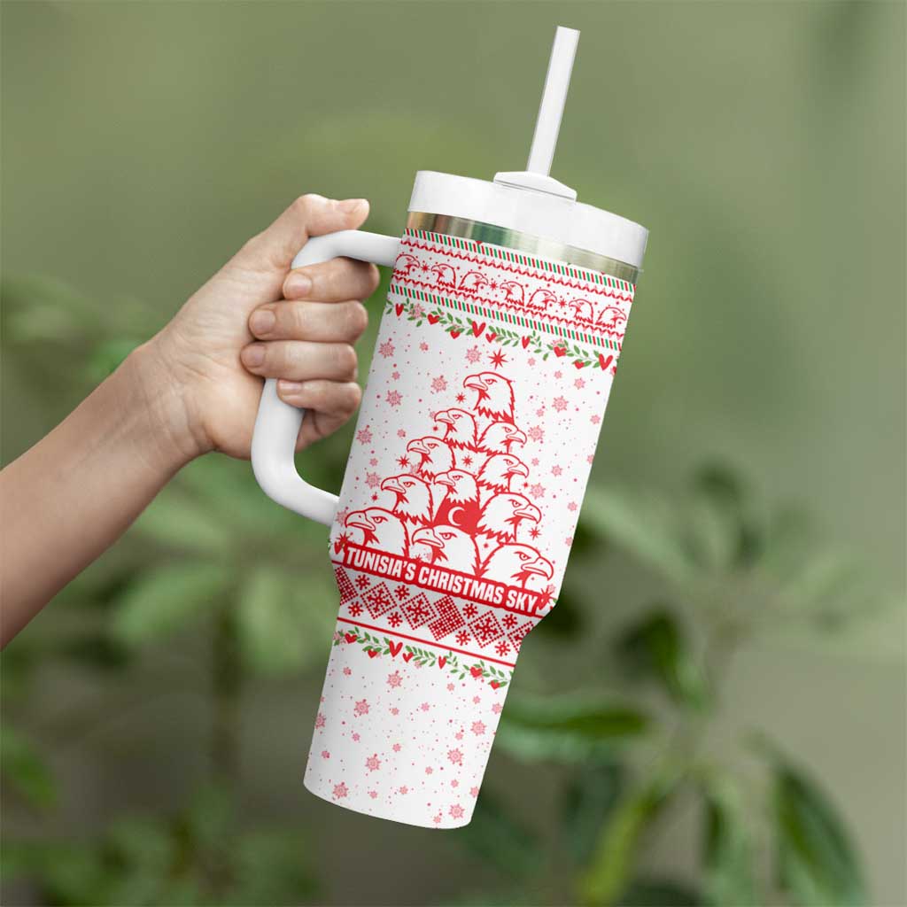 Tunisia Christmas Tumbler With Handle with Red Falcon Tree White Snowflake Pattern and Festive Borders - Wonder Print Shop
