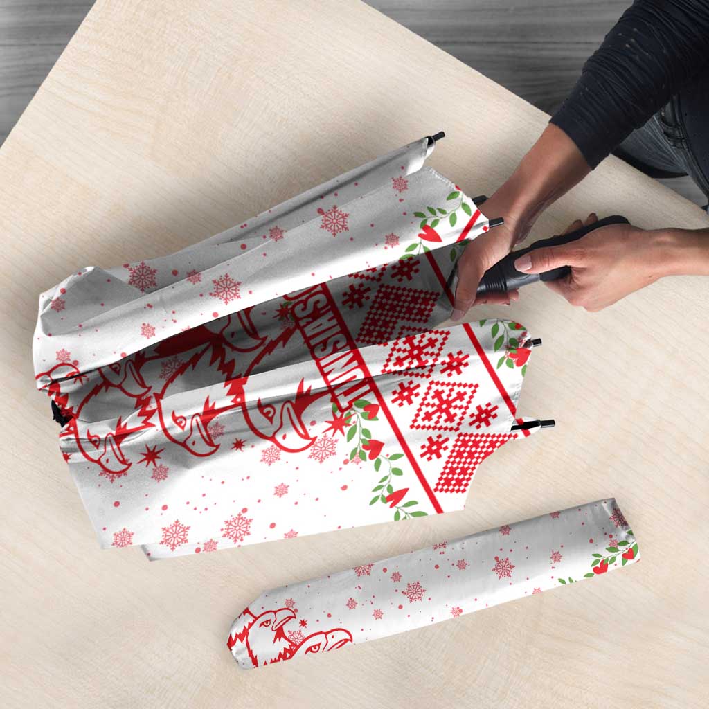 Tunisia Christmas Umbrella with Red Falcon Tree White Snowflake Pattern and Festive Borders - Wonder Print Shop