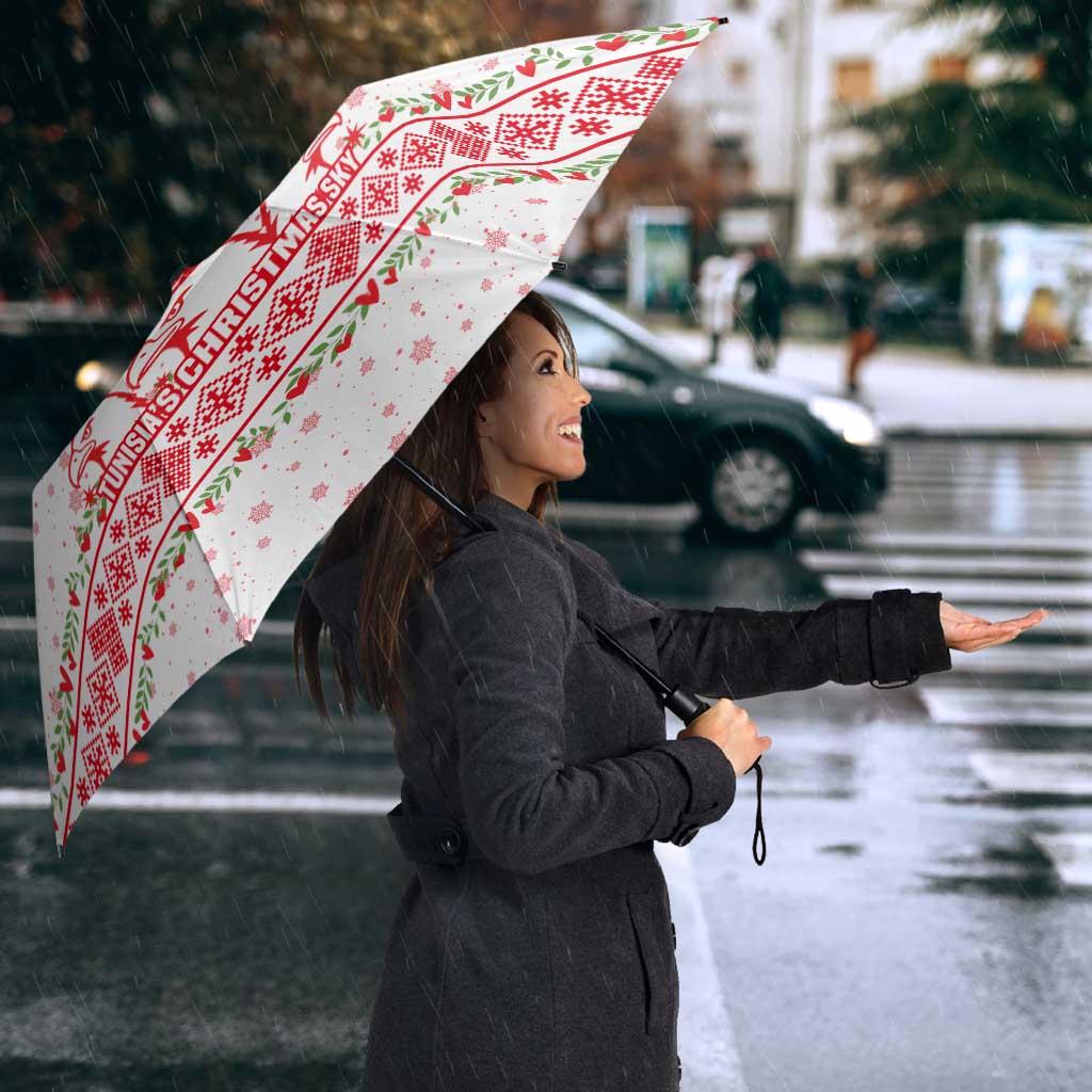 Tunisia Christmas Umbrella with Red Falcon Tree White Snowflake Pattern and Festive Borders - Wonder Print Shop