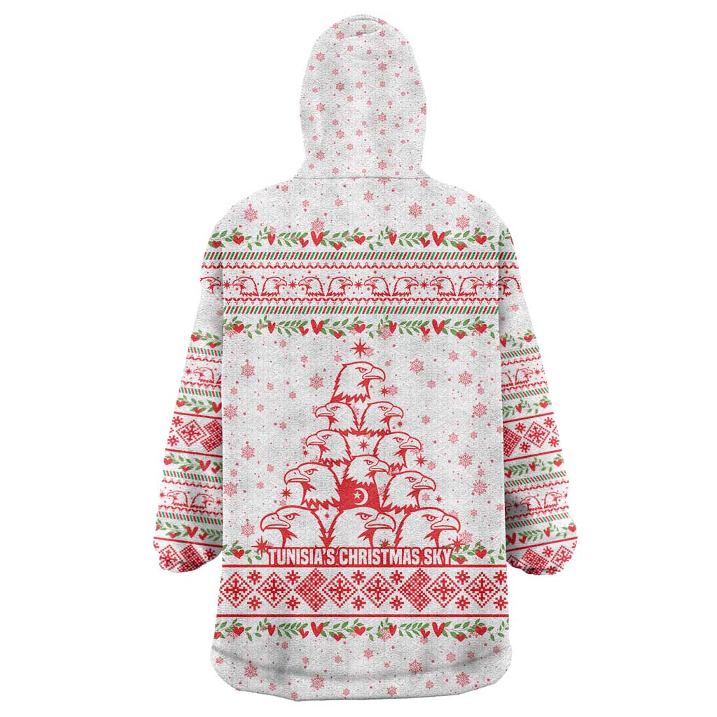 Tunisia Christmas Wearable Blanket Hoodie with Red Falcon Tree White Snowflake Pattern and Festive Borders - Wonder Print Shop