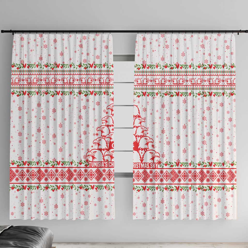 Tunisia Christmas Window Curtain with Red Falcon Tree White Snowflake Pattern and Festive Borders - Wonder Print Shop