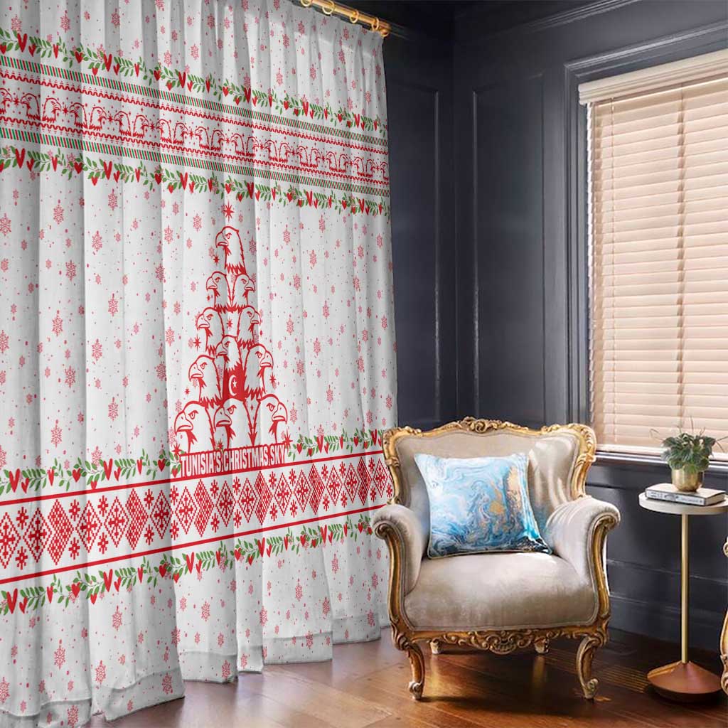 Tunisia Christmas Window Curtain with Red Falcon Tree White Snowflake Pattern and Festive Borders - Wonder Print Shop
