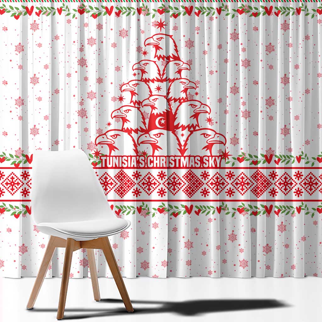 Tunisia Christmas Window Curtain with Red Falcon Tree White Snowflake Pattern and Festive Borders - Wonder Print Shop