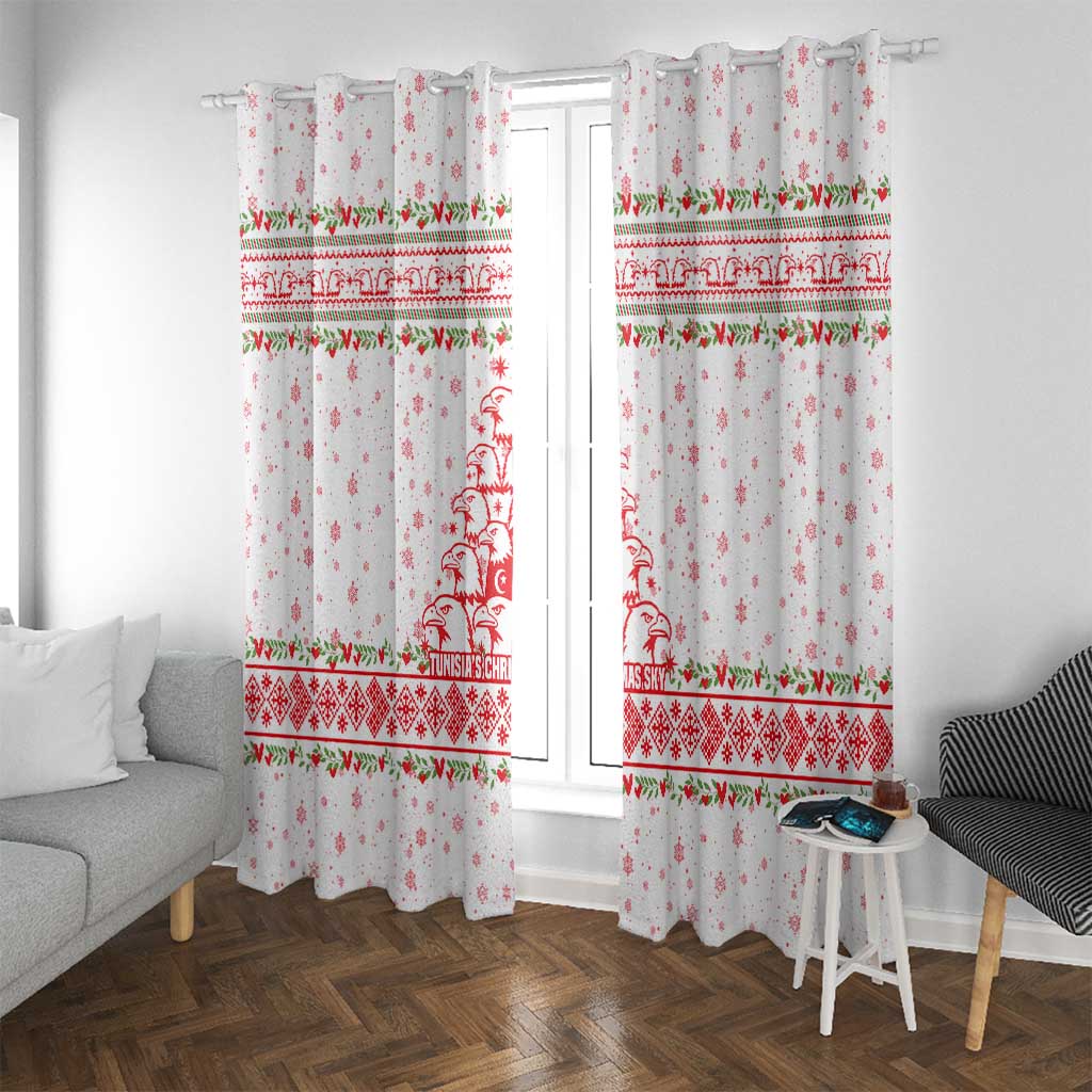 Tunisia Christmas Window Curtain with Red Falcon Tree White Snowflake Pattern and Festive Borders - Wonder Print Shop