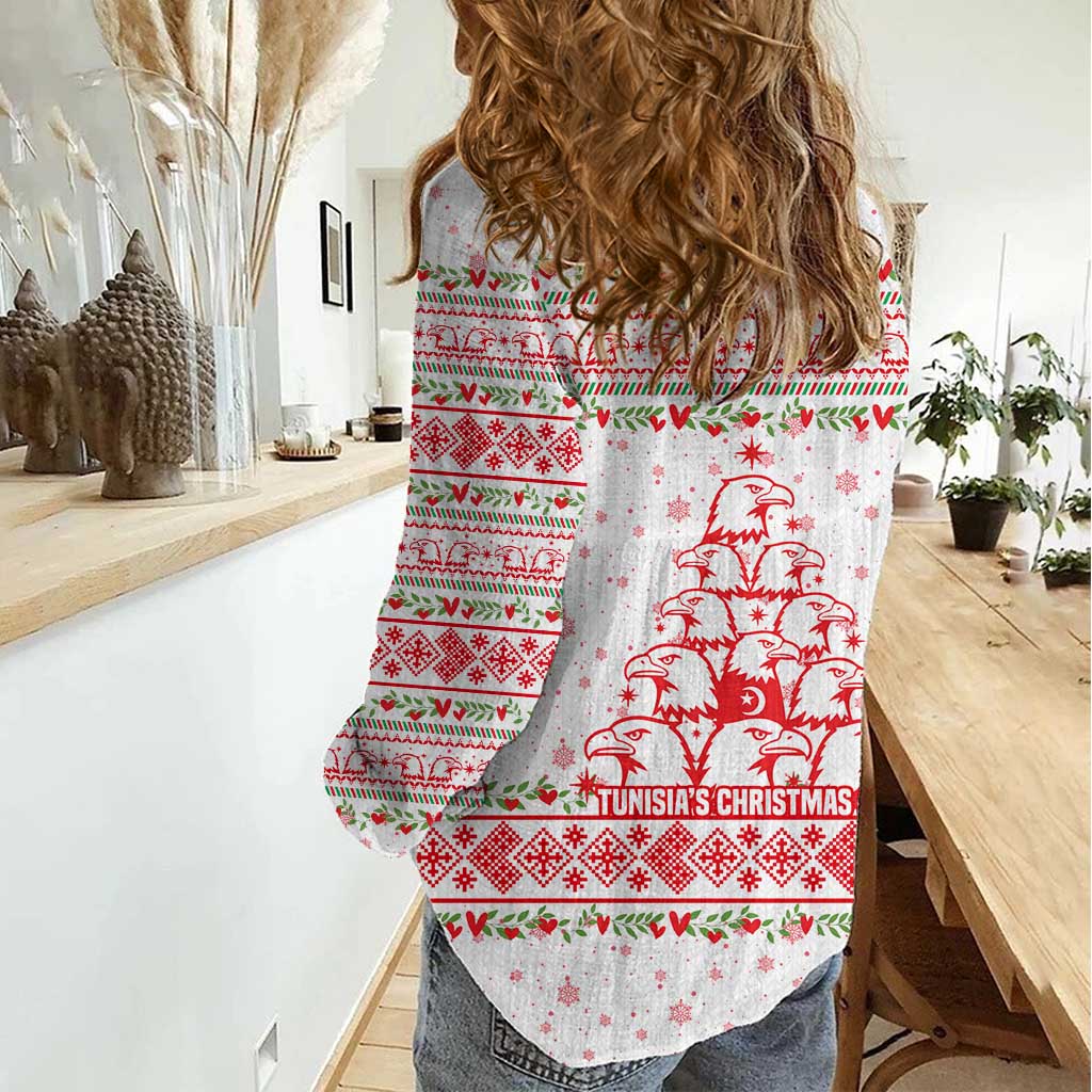 Tunisia Christmas Women Casual Shirt with Red Falcon Tree White Snowflake Pattern and Festive Borders - Wonder Print Shop