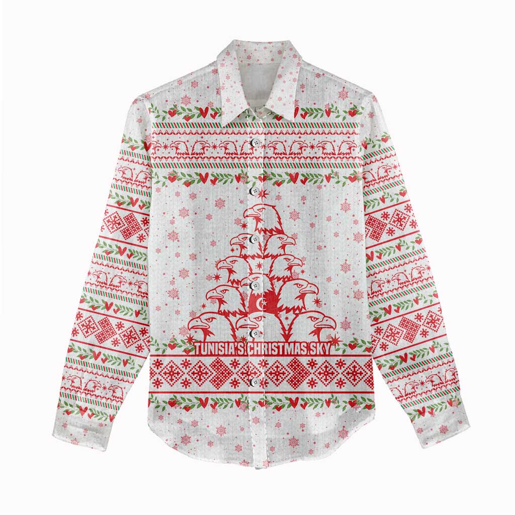 Tunisia Christmas Women Casual Shirt with Red Falcon Tree White Snowflake Pattern and Festive Borders - Wonder Print Shop