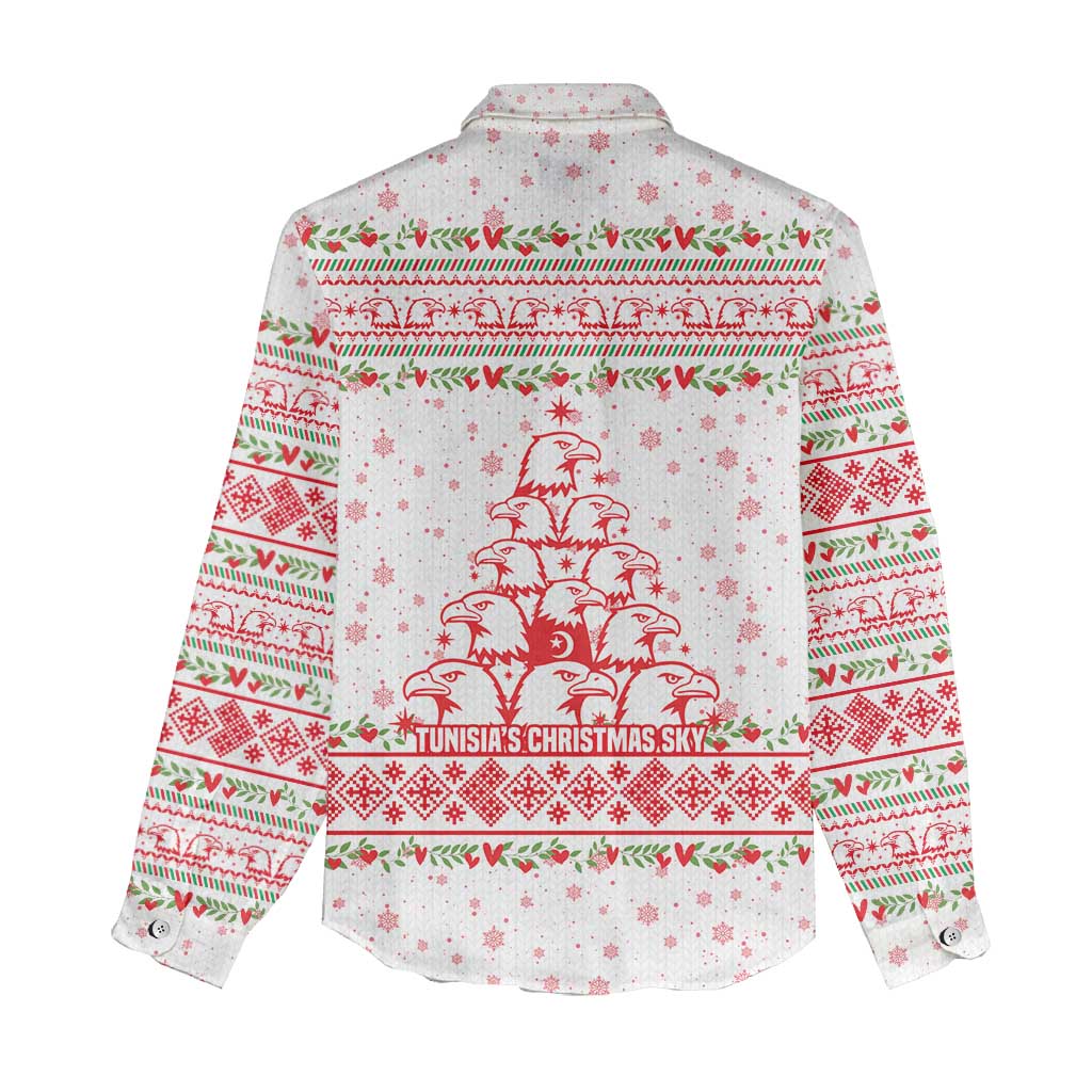Tunisia Christmas Women Casual Shirt with Red Falcon Tree White Snowflake Pattern and Festive Borders - Wonder Print Shop