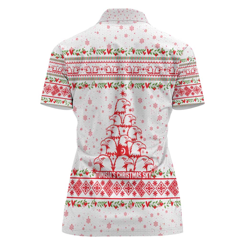 Tunisia Christmas Women Polo Shirt with Red Falcon Tree White Snowflake Pattern and Festive Borders - Wonder Print Shop