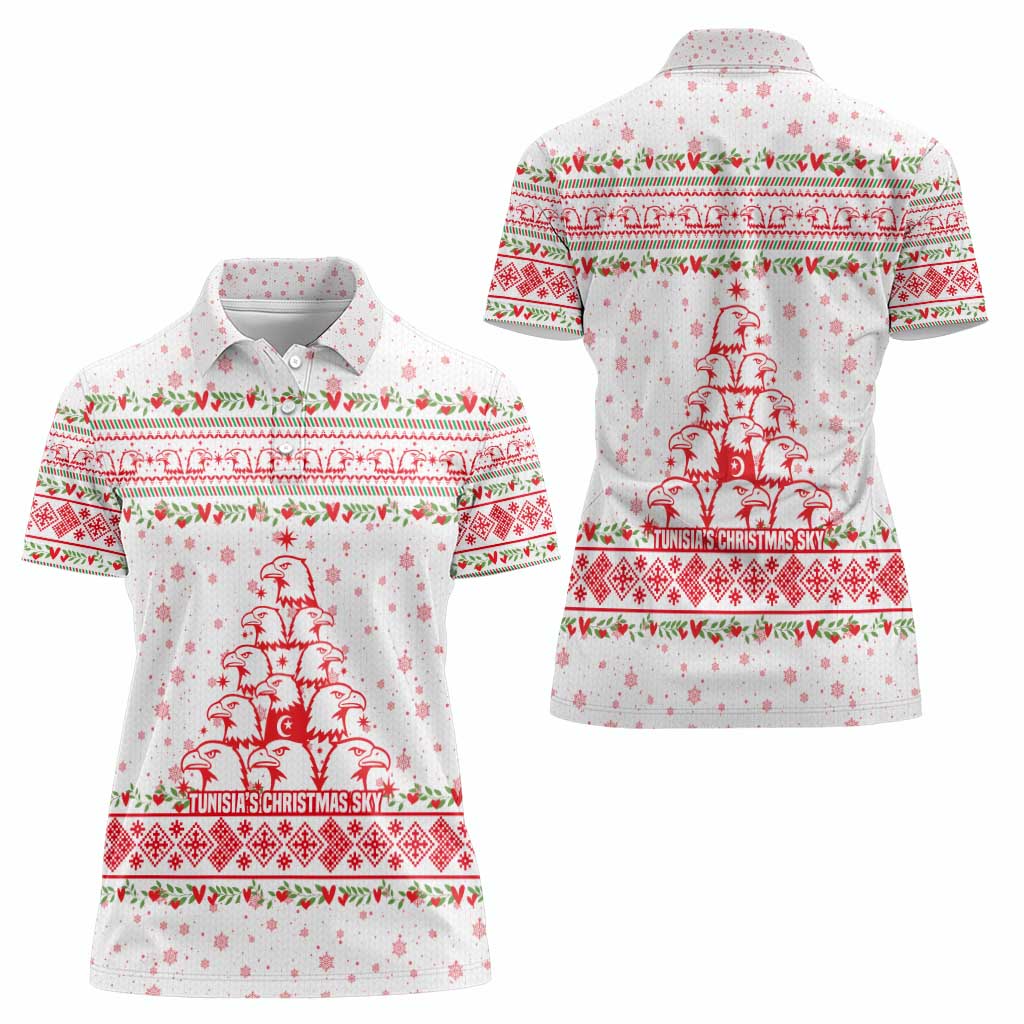 Tunisia Christmas Women Polo Shirt with Red Falcon Tree White Snowflake Pattern and Festive Borders - Wonder Print Shop