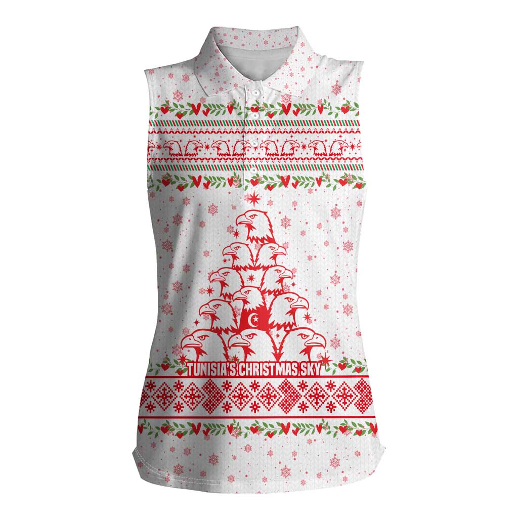 Tunisia Christmas Women Sleeveless Polo Shirt with Red Falcon Tree White Snowflake Pattern and Festive Borders - Wonder Print Shop