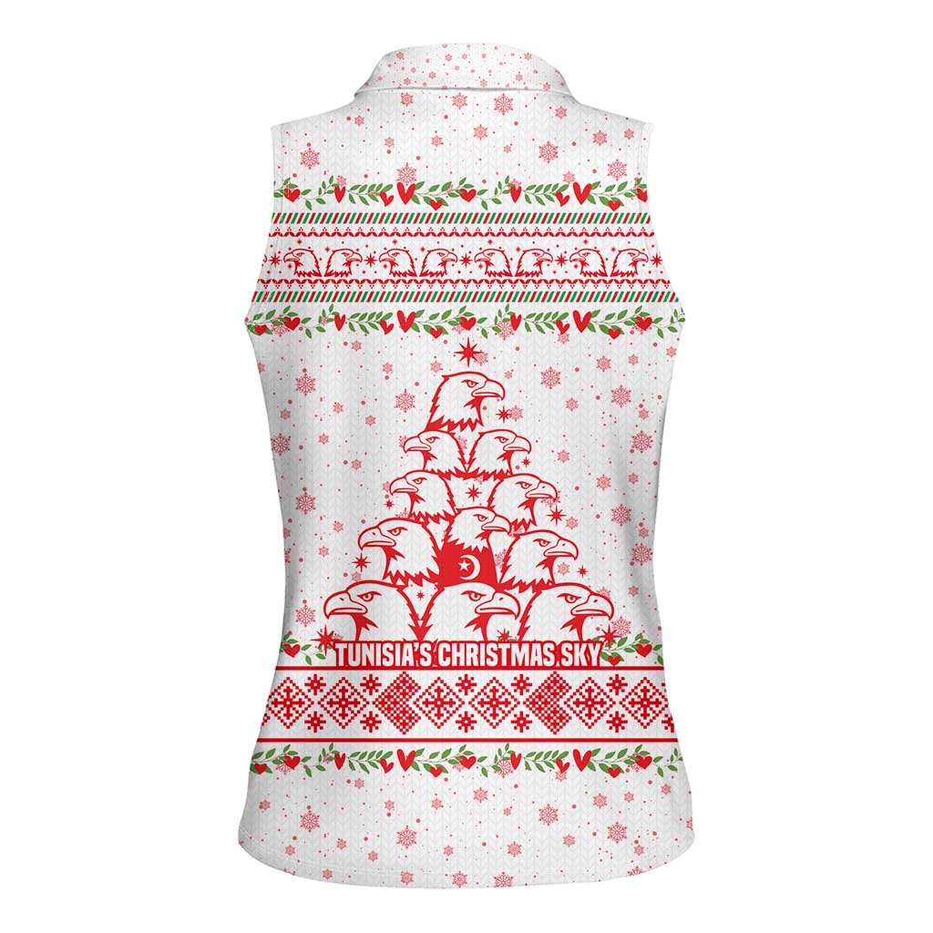 Tunisia Christmas Women Sleeveless Polo Shirt with Red Falcon Tree White Snowflake Pattern and Festive Borders - Wonder Print Shop