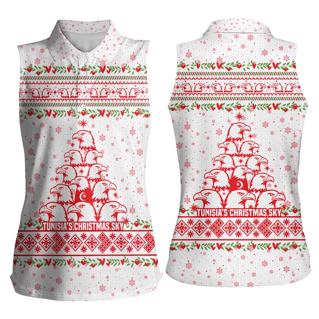 Tunisia Christmas Women Sleeveless Polo Shirt with Red Falcon Tree White Snowflake Pattern and Festive Borders - Wonder Print Shop