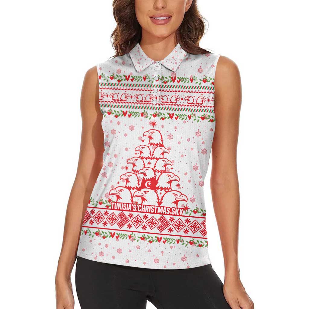 Tunisia Christmas Women Sleeveless Polo Shirt with Red Falcon Tree White Snowflake Pattern and Festive Borders - Wonder Print Shop