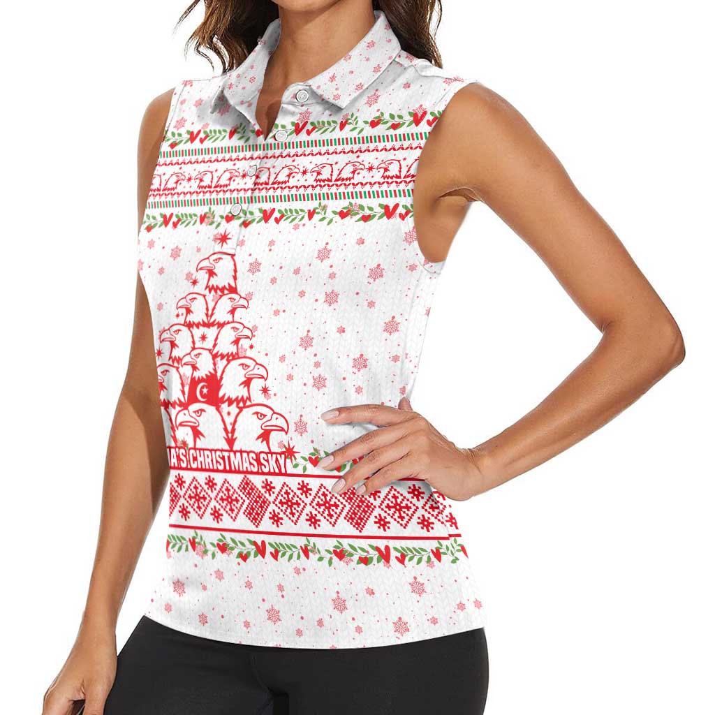 Tunisia Christmas Women Sleeveless Polo Shirt with Red Falcon Tree White Snowflake Pattern and Festive Borders - Wonder Print Shop