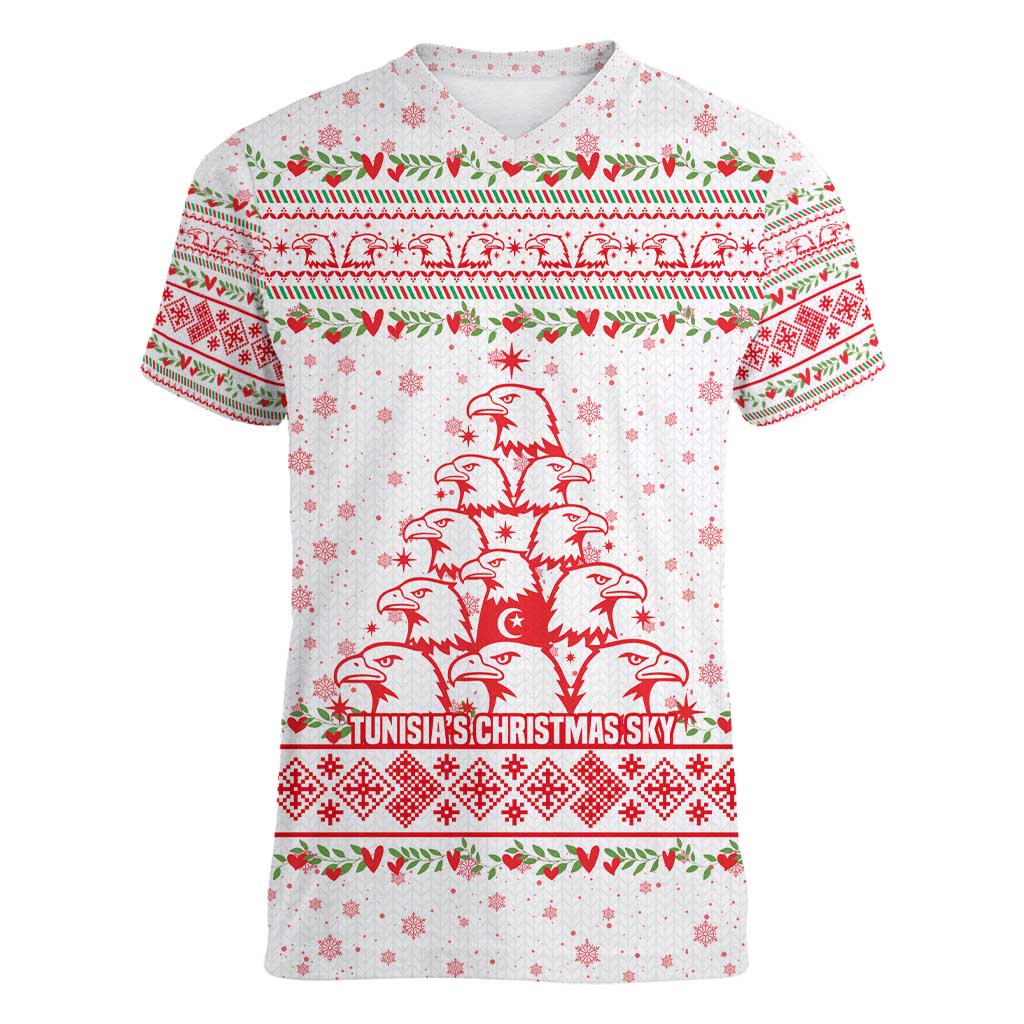 Tunisia Christmas Women V-Neck T-Shirt with Red Falcon Tree White Snowflake Pattern and Festive Borders - Wonder Print Shop