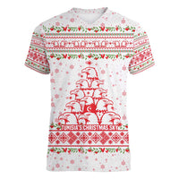 Tunisia Christmas Women V-Neck T-Shirt with Red Falcon Tree White Snowflake Pattern and Festive Borders - Wonder Print Shop