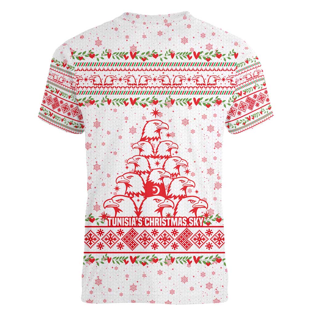 Tunisia Christmas Women V-Neck T-Shirt with Red Falcon Tree White Snowflake Pattern and Festive Borders - Wonder Print Shop