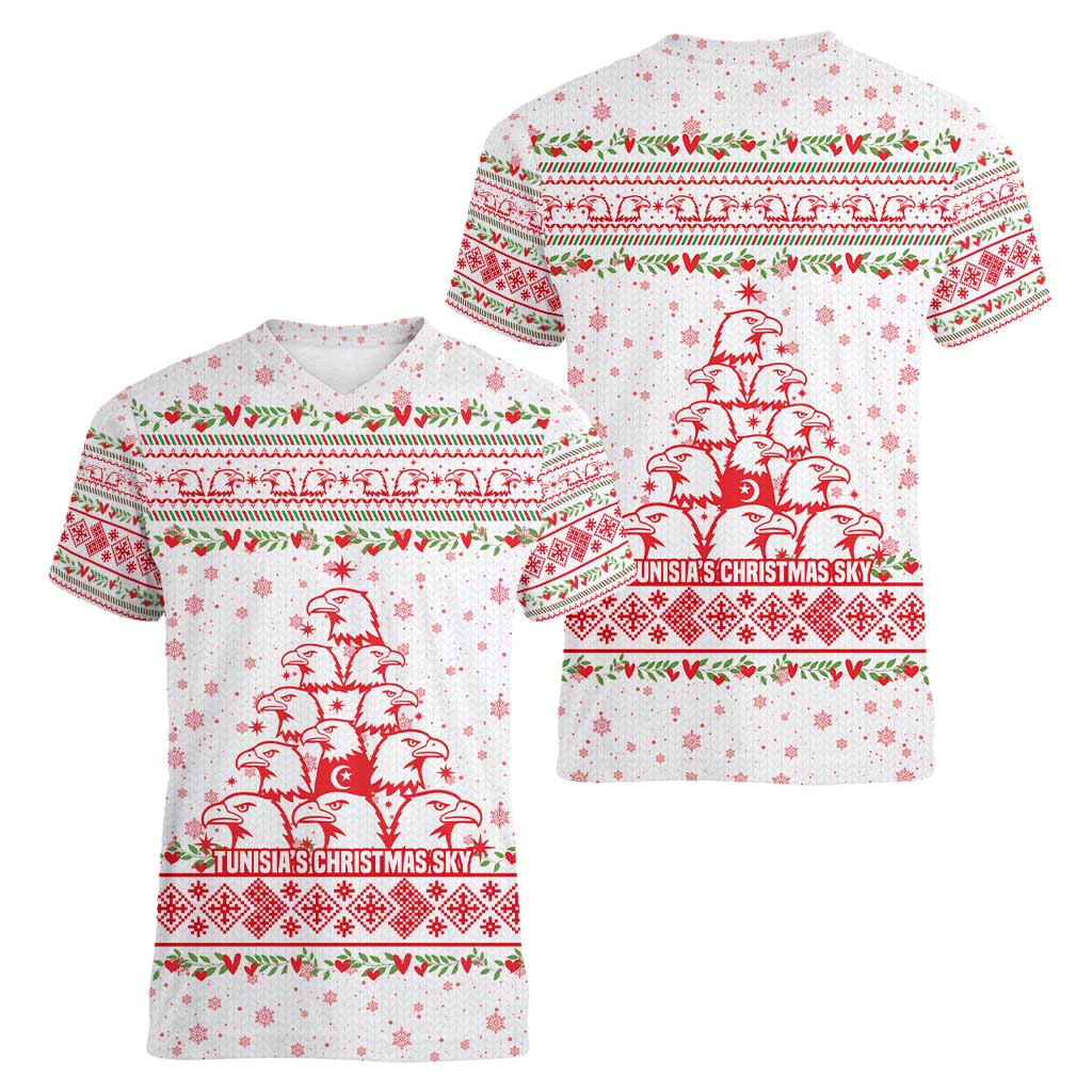 Tunisia Christmas Women V-Neck T-Shirt with Red Falcon Tree White Snowflake Pattern and Festive Borders - Wonder Print Shop