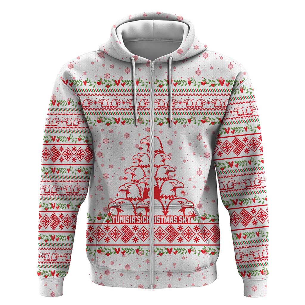Tunisia Christmas Zip Hoodie with Red Falcon Tree White Snowflake Pattern and Festive Borders - Wonder Print Shop