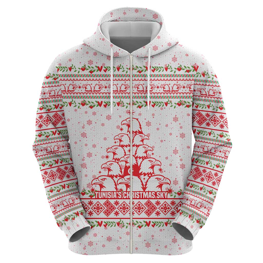 Tunisia Christmas Zip Hoodie with Red Falcon Tree White Snowflake Pattern and Festive Borders - Wonder Print Shop