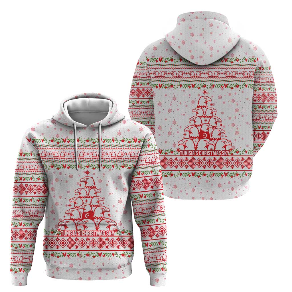 Tunisia Christmas Zip Hoodie with Red Falcon Tree White Snowflake Pattern and Festive Borders - Wonder Print Shop