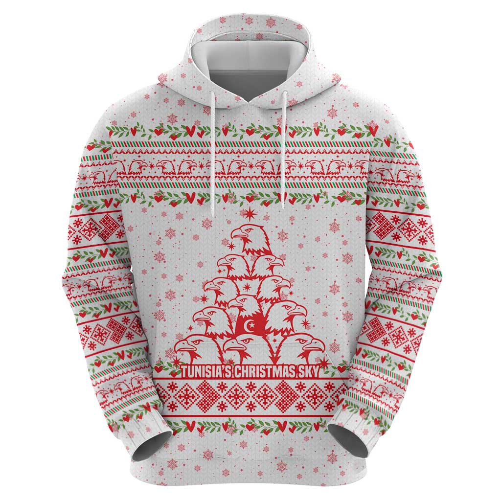 Tunisia Christmas Zip Hoodie with Red Falcon Tree White Snowflake Pattern and Festive Borders - Wonder Print Shop