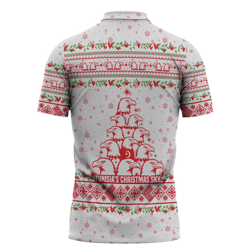 Tunisia Christmas Zipper Polo Shirt with Red Falcon Tree White Snowflake Pattern and Festive Borders - Wonder Print Shop